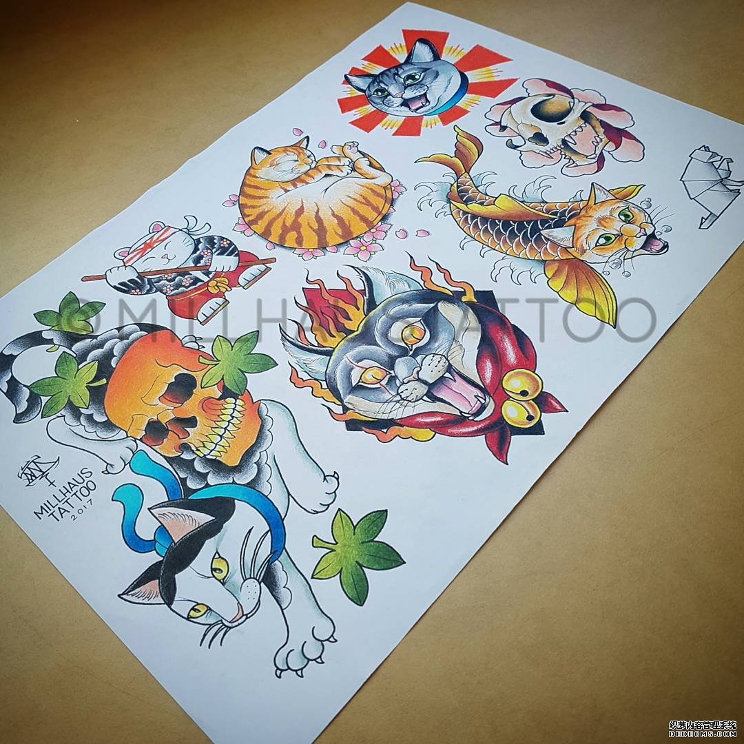 色彩猫咪纹身手稿