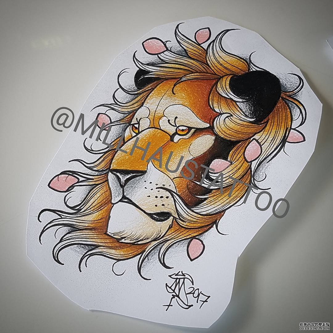 色彩狮子花瓣纹身手稿