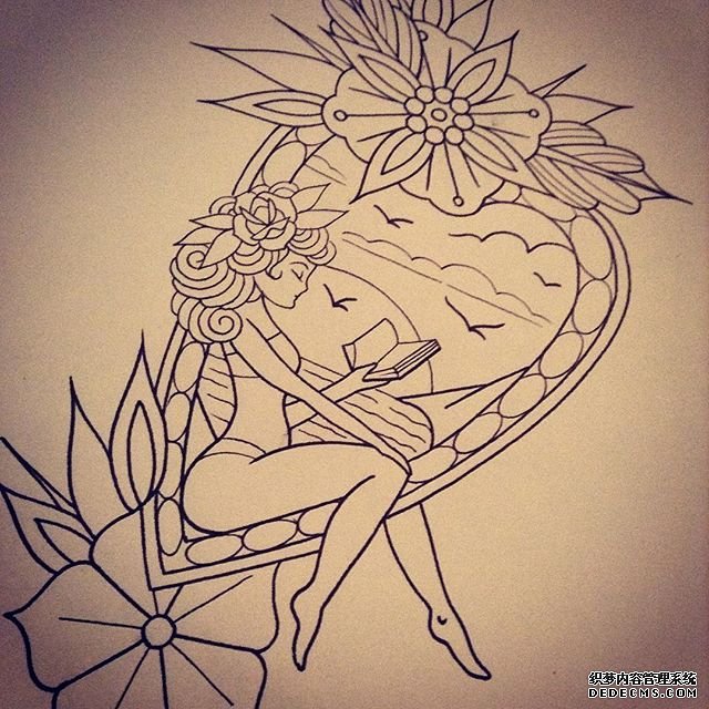 女孩花朵纹身手稿