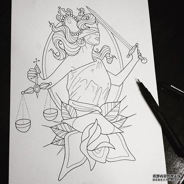 女孩天秤花剑纹身手稿