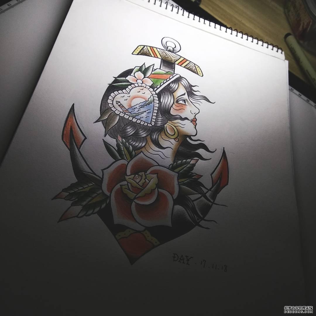 船锚肖像色彩纹身手稿