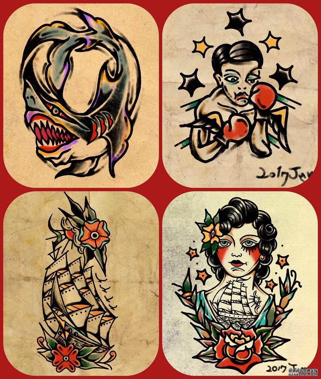 帆船人物纹身手稿