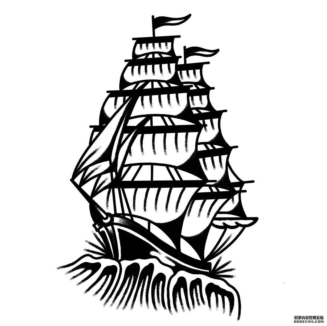 帆船线条纹身手稿