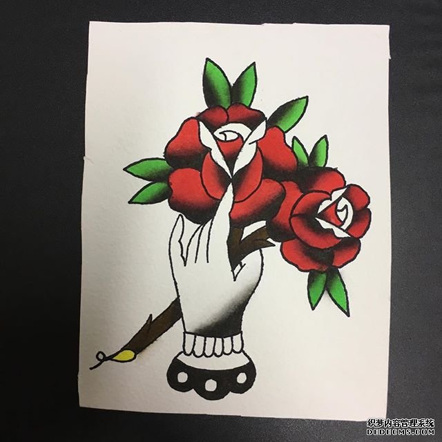 色彩玫瑰手纹身手稿