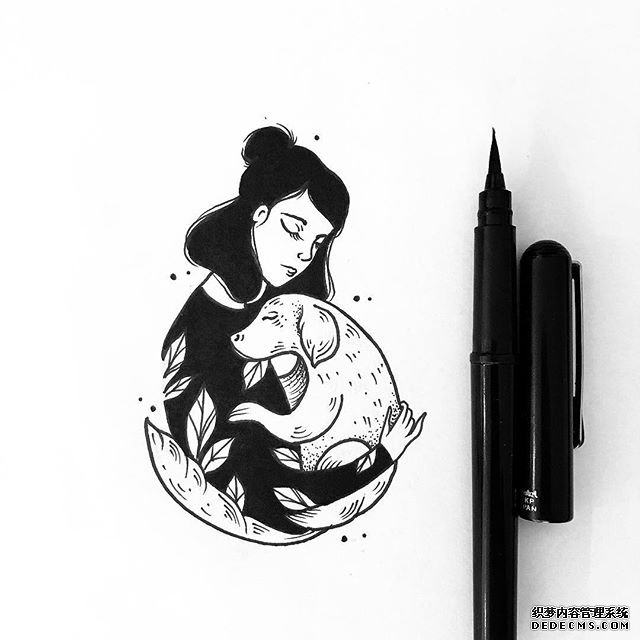 黑灰女孩小狗纹身手稿图案