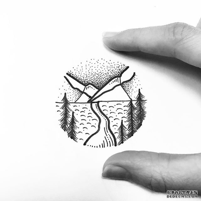 黑灰点刺简约几何风景纹身手稿