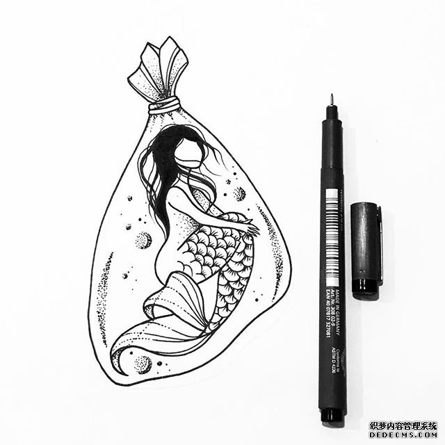 美人鱼黑灰点刺纹身图案