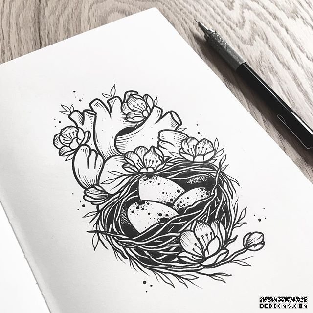 线条鸟巢心脏手稿图案