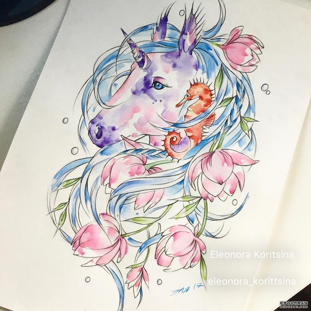 水彩独角兽纹身手稿