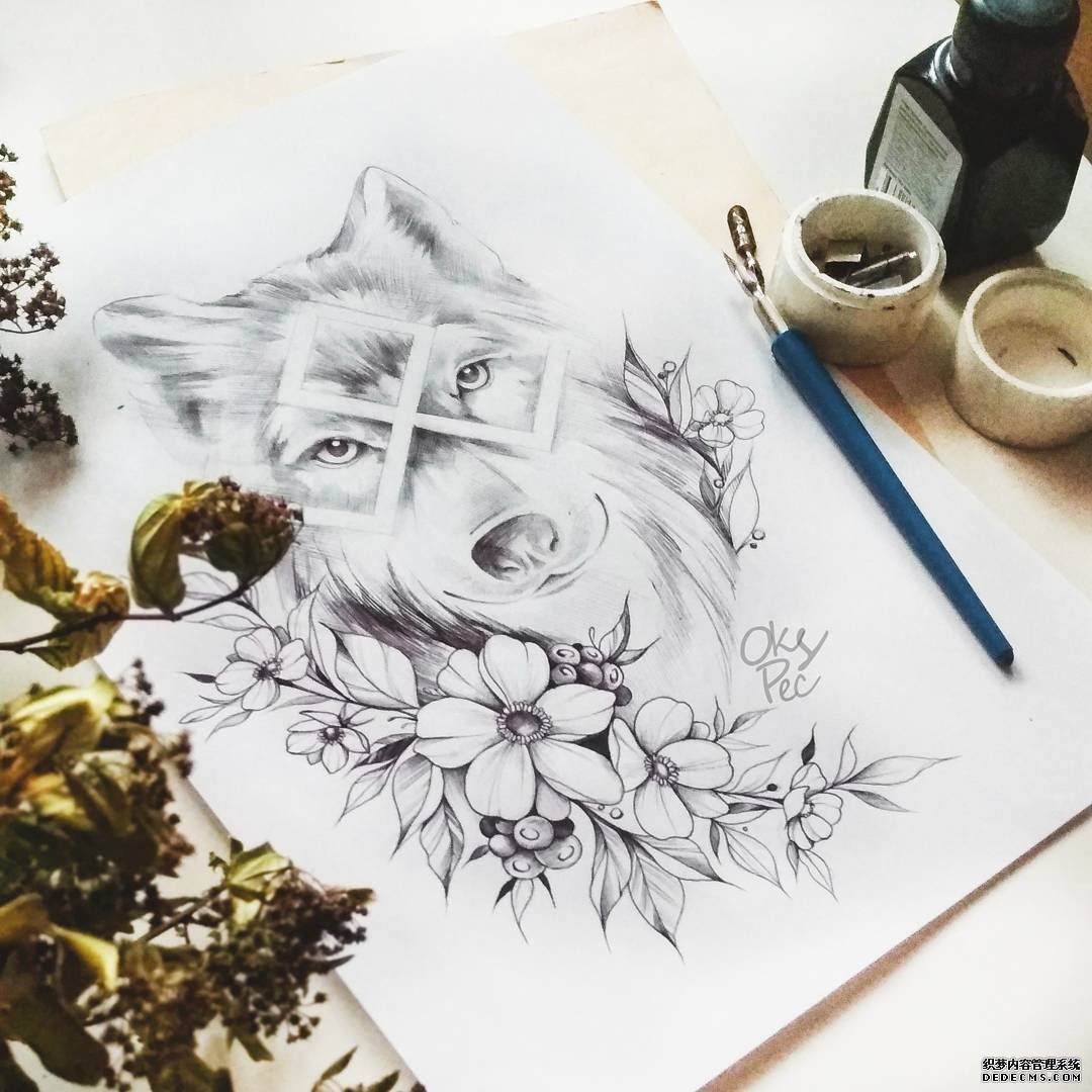 狗狗花纹身手稿