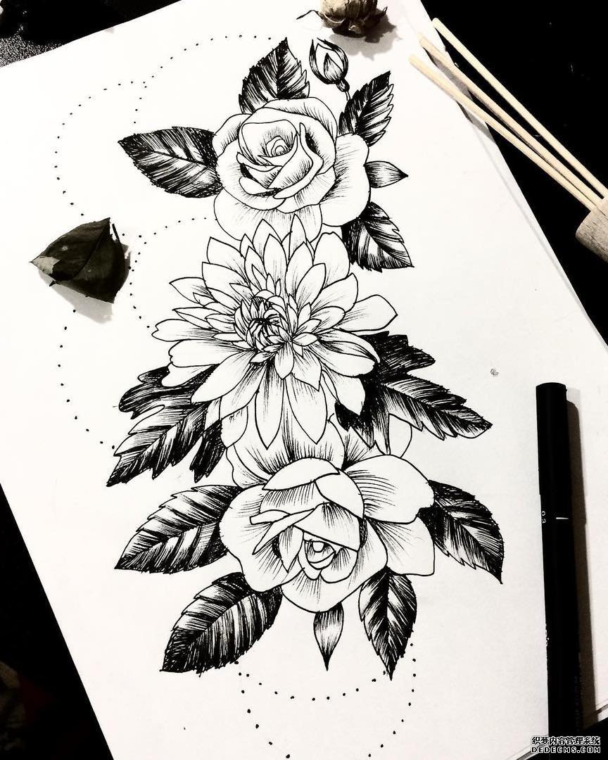 黑灰花点刺纹身手稿