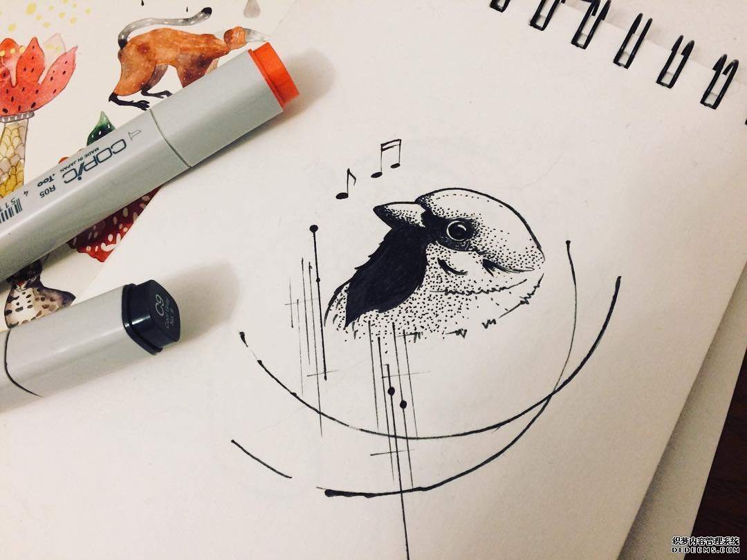 黑灰小鸟线条纹身手稿
