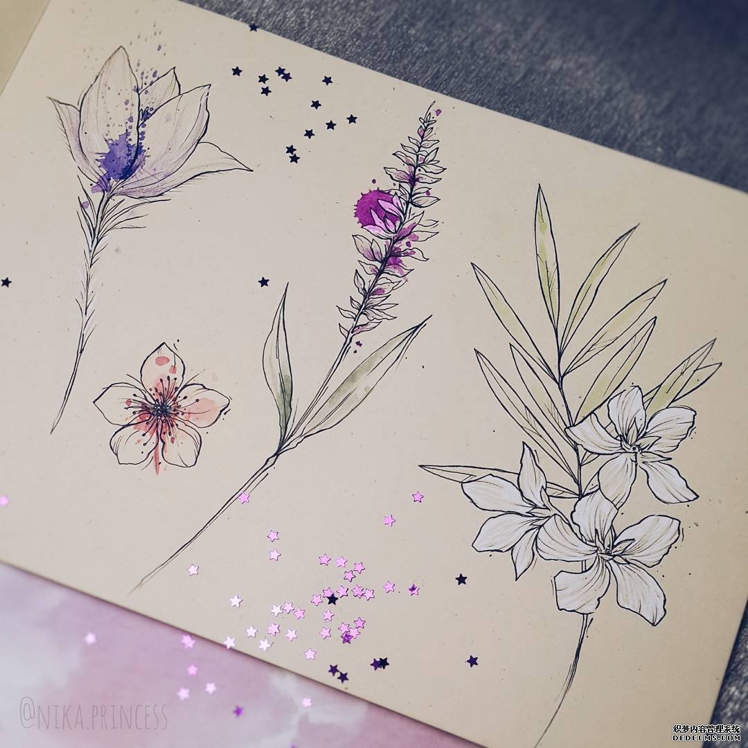 色彩花线条纹身手稿