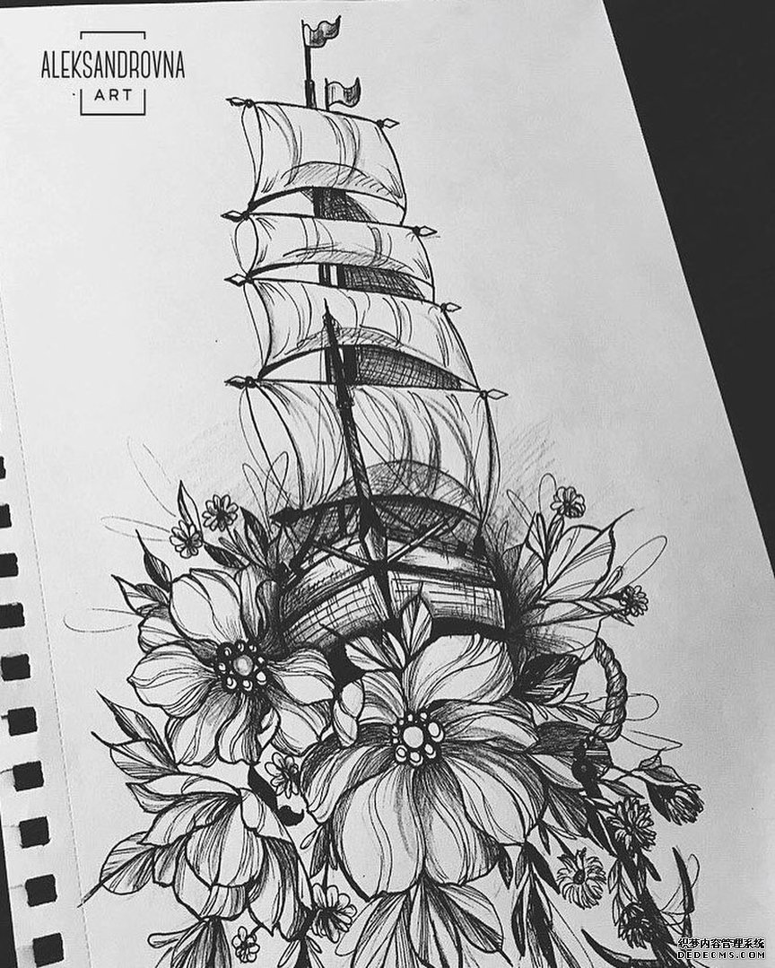 黑灰花朵帆船文身手稿