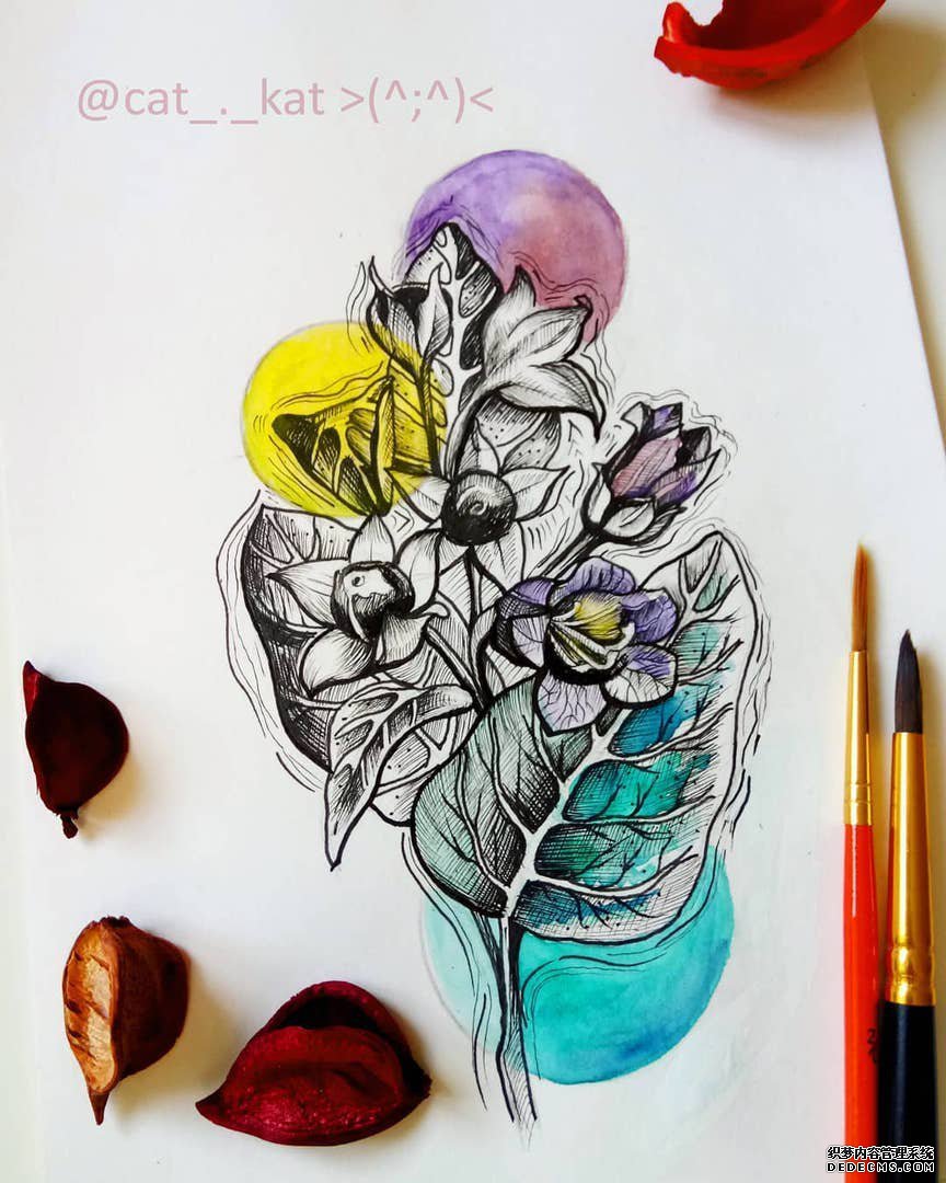 色彩花朵叶子纹身手稿