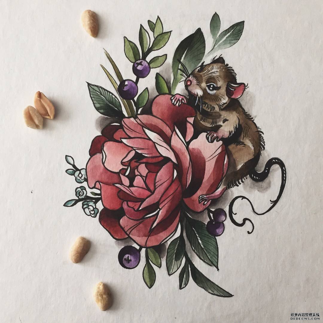 色彩玫瑰老鼠纹身图案