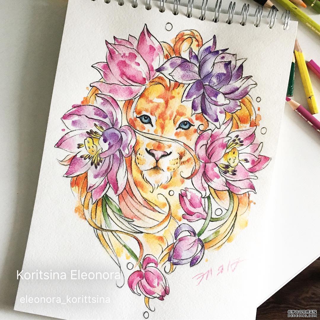 色彩狮子花纹身图案