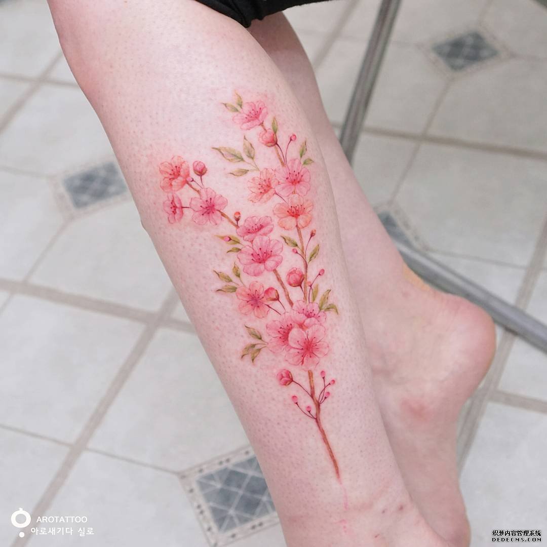 小腿色彩花卉纹身