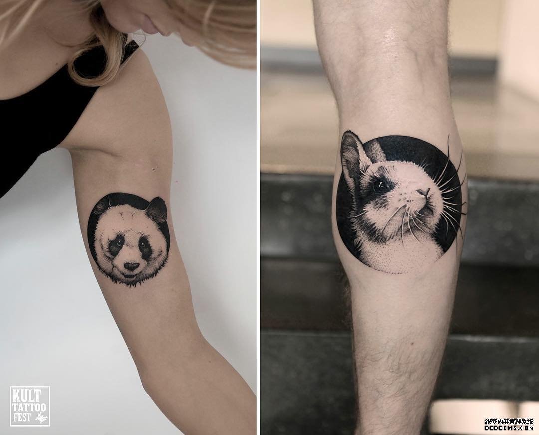 黑灰大臂熊猫兔子纹身图案
