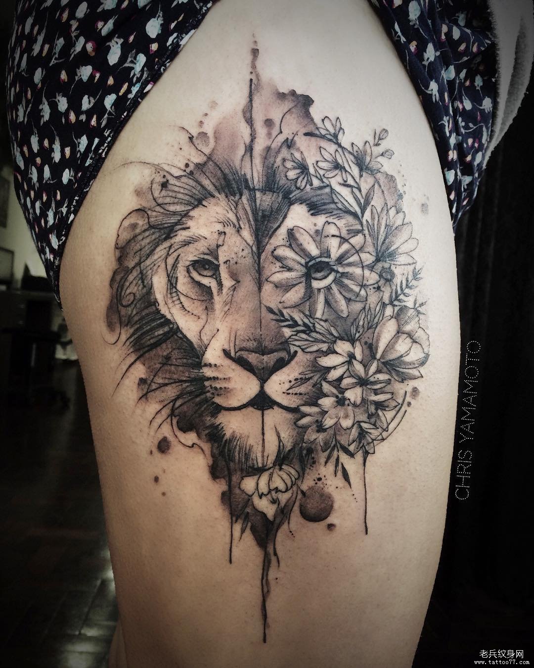 大腿狮子花藤纹身图案