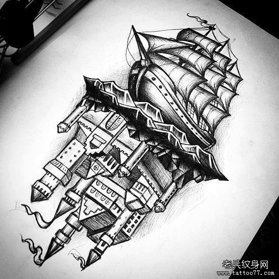城堡帆船纹身手稿