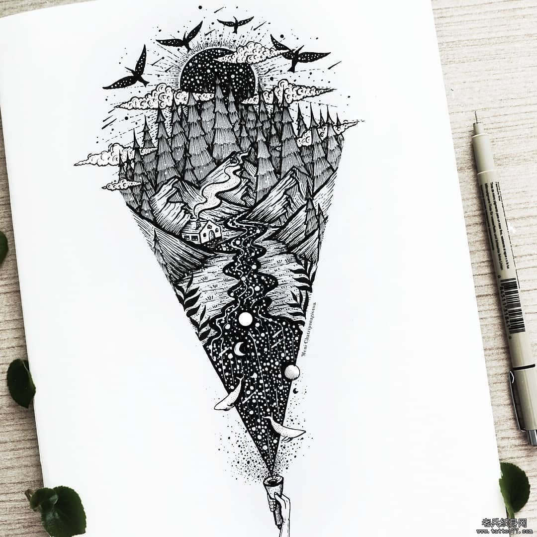 黑灰风景纹身手稿