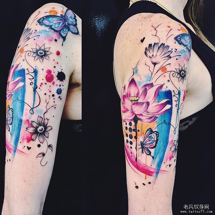 色彩泼墨莲花蝴蝶大臂tattoo图案