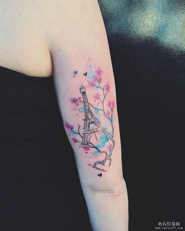 色彩埃菲尔梅花手臂tattoo图案