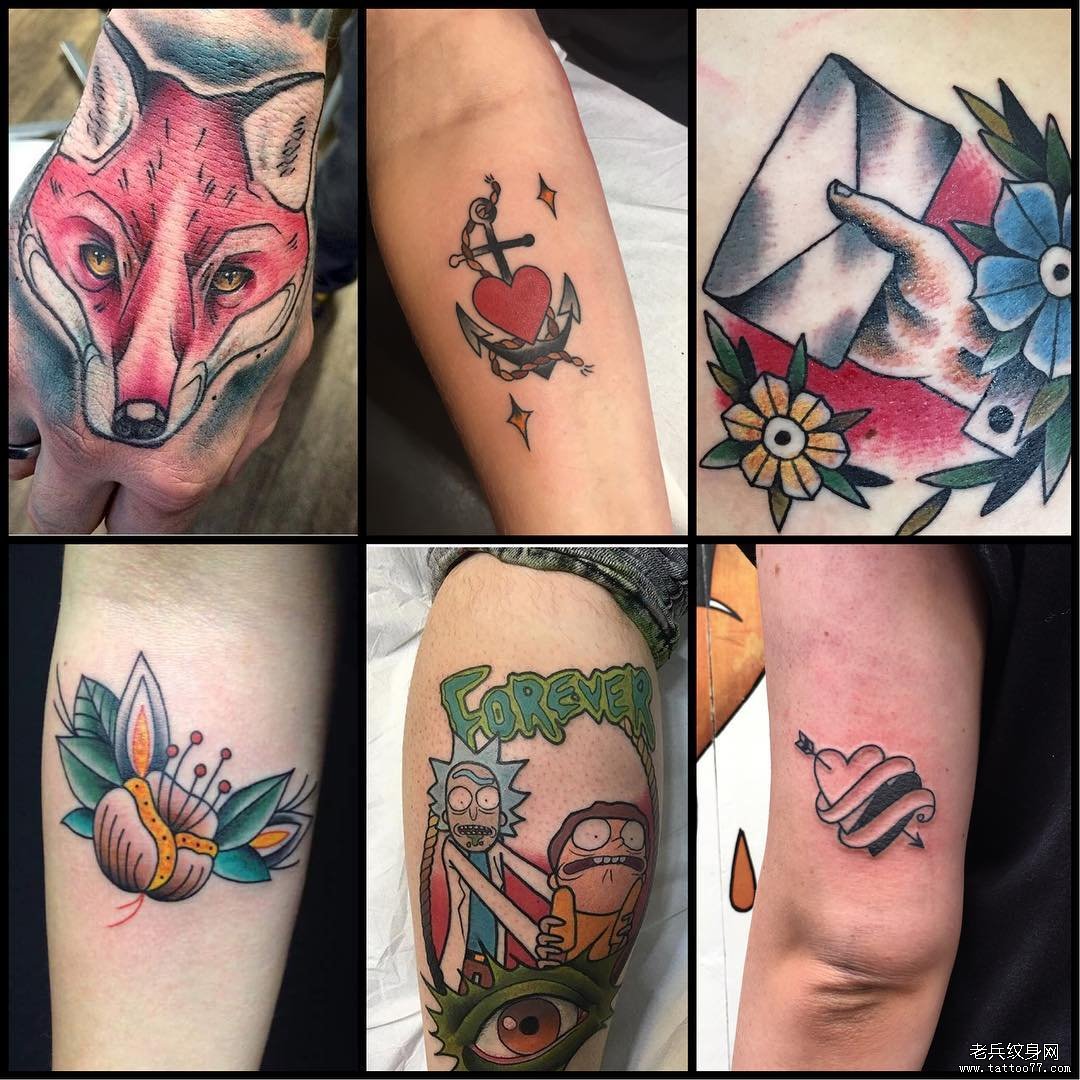 色彩花爱心狐狸手臂tattoo图案