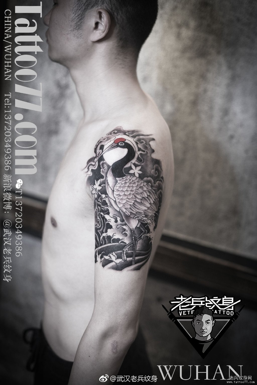 大臂黑灰传统鹤纹身作品