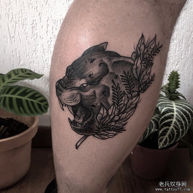 黑灰老虎花环小腿纹身图案