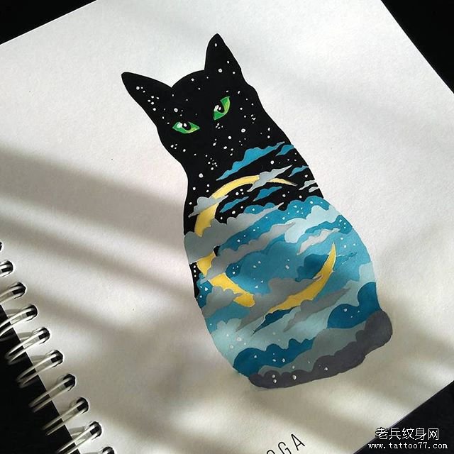 色彩星空猫纹身手稿