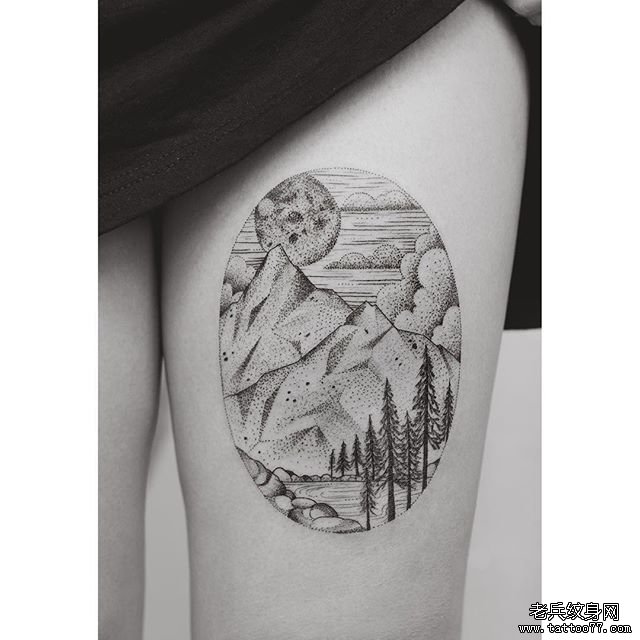 大腿几何点刺山树纹身图案