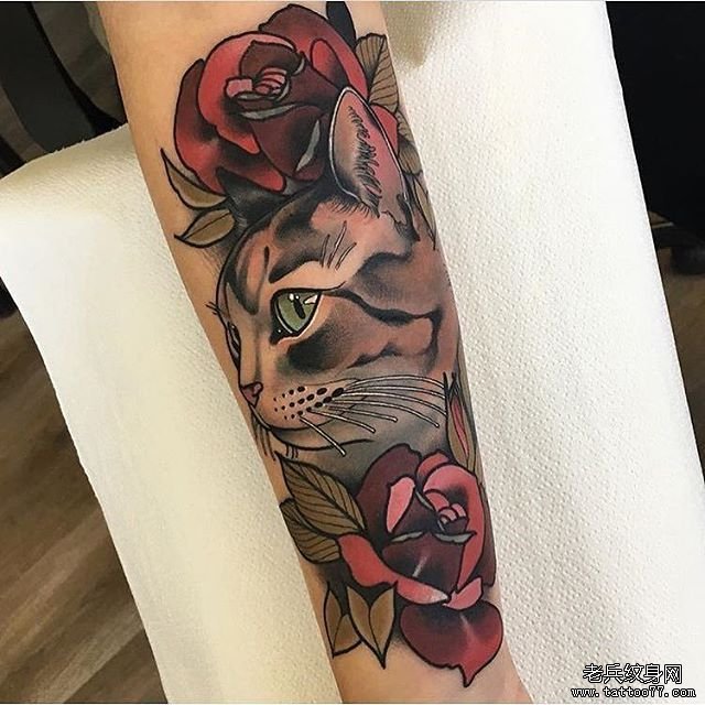 色彩猫玫瑰手臂纹身