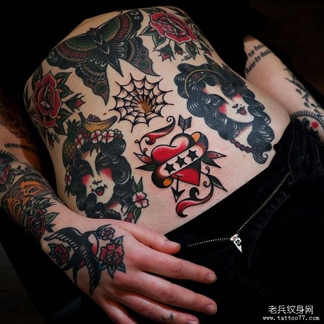 色彩school女郎腹部纹身图案