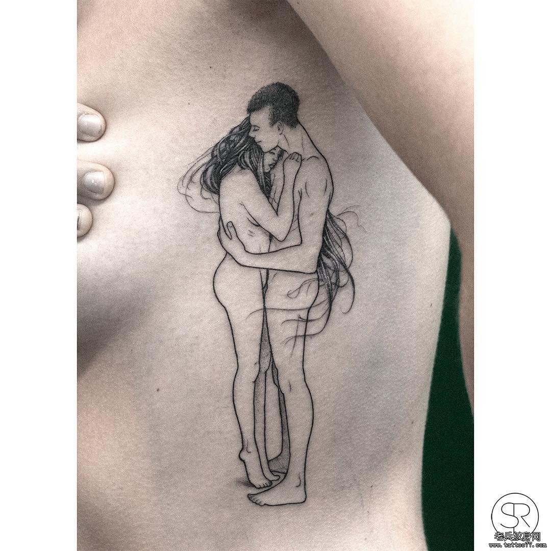 侧腰简约人像纹身图案