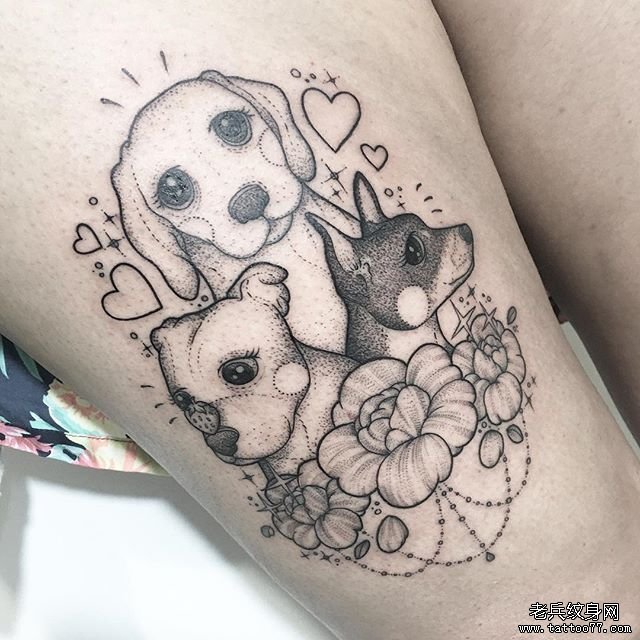 大腿个性简笔小清新狗纹身图案