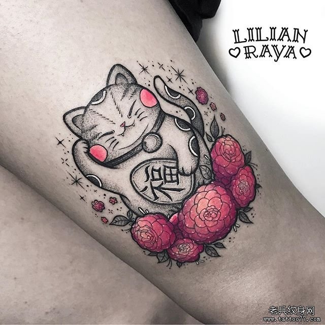 腿部个性招财猫纹身图案