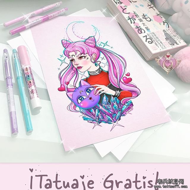 彩色卡通女孩纹身手稿