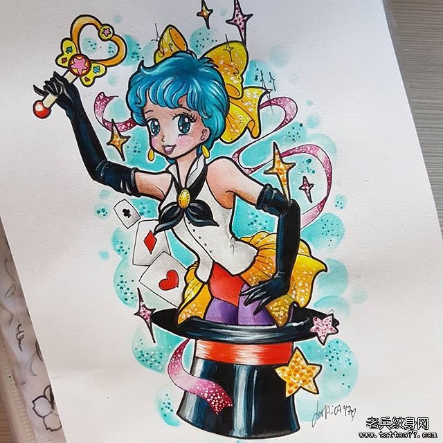 彩色个性女孩纹身手稿
