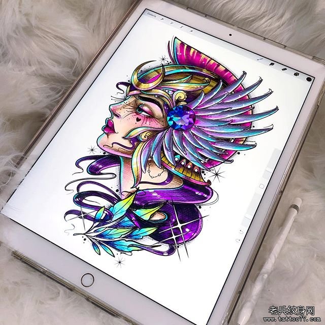 彩色女武士个性纹身手稿