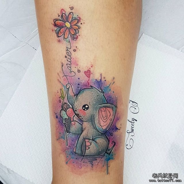 脚踝个性水彩小象纹身图案