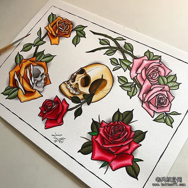色彩玫瑰骷髅纹身手稿