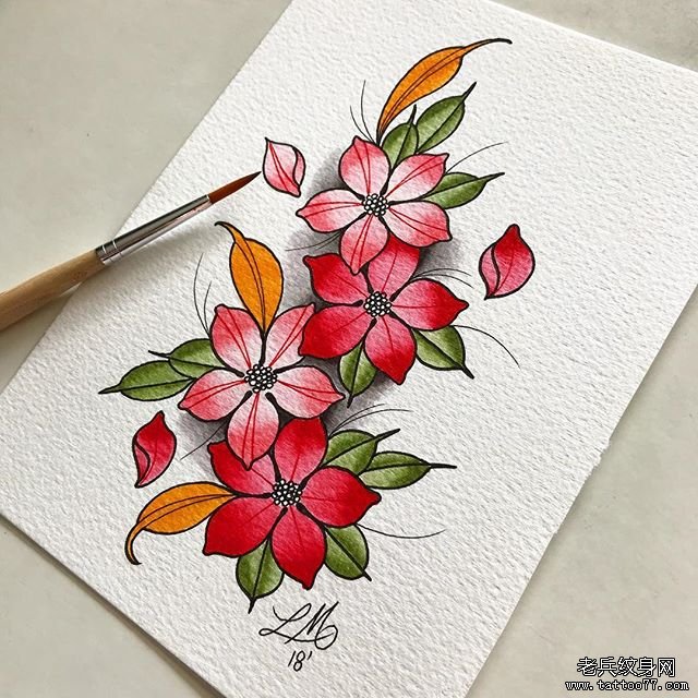 色彩樱花纹身手稿