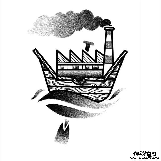 卡通简笔画船纹身手稿