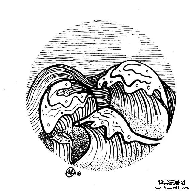 几何海浪纹身手稿图案