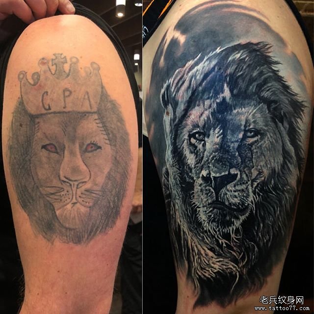 大臂遮盖欧美写实狮子纹身图案