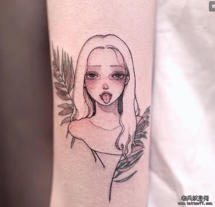手臂小清新女孩树叶纹身