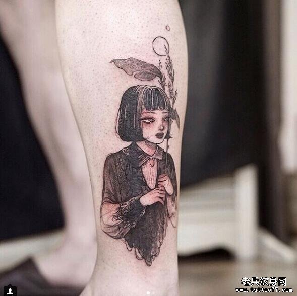 脚踝小清新女孩肖像纹身