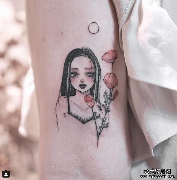 手臂小清新女孩花朵纹身